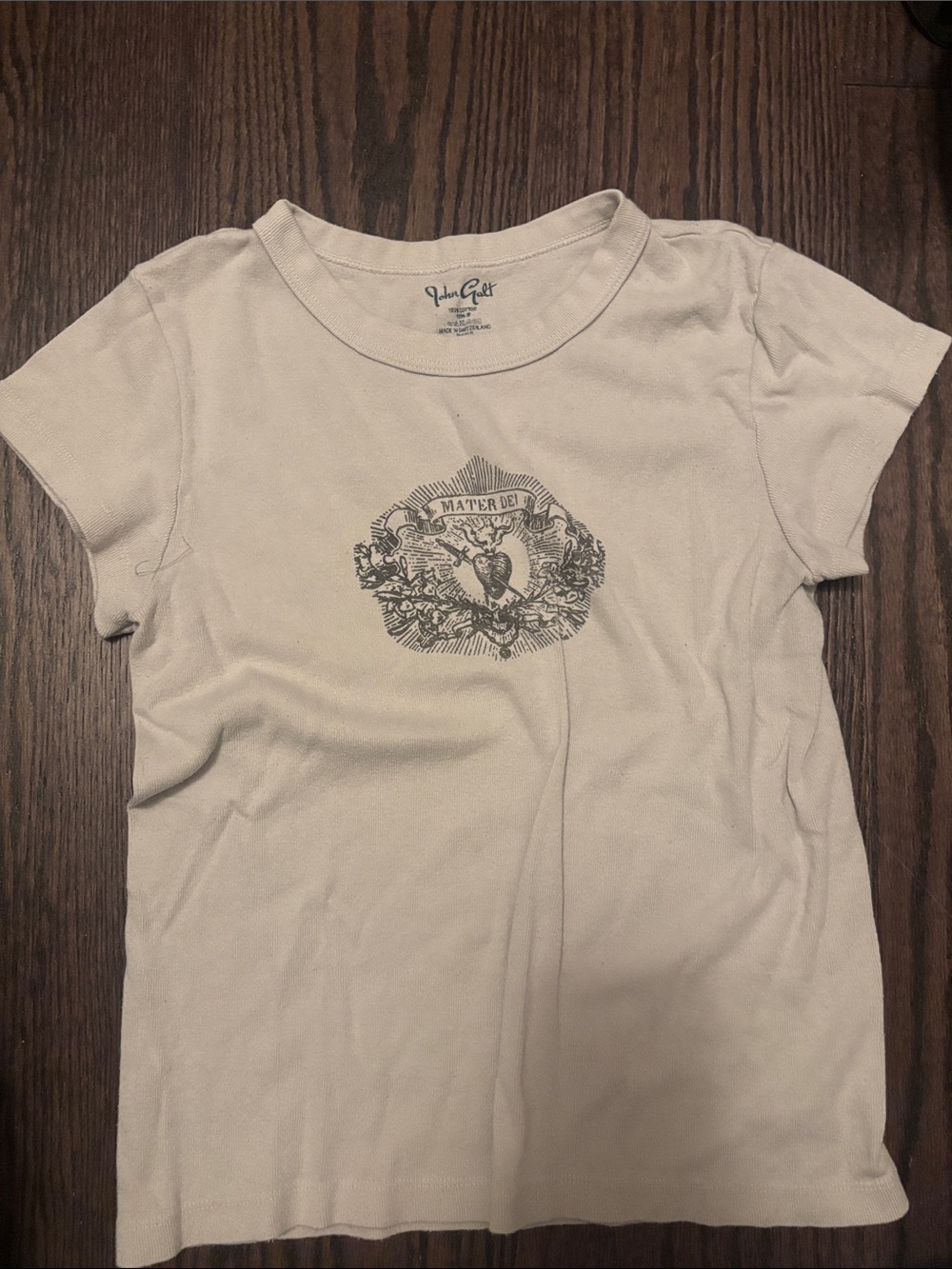 Brandy Melville Cream Short Sleeve Tee with Black Chest Graphic